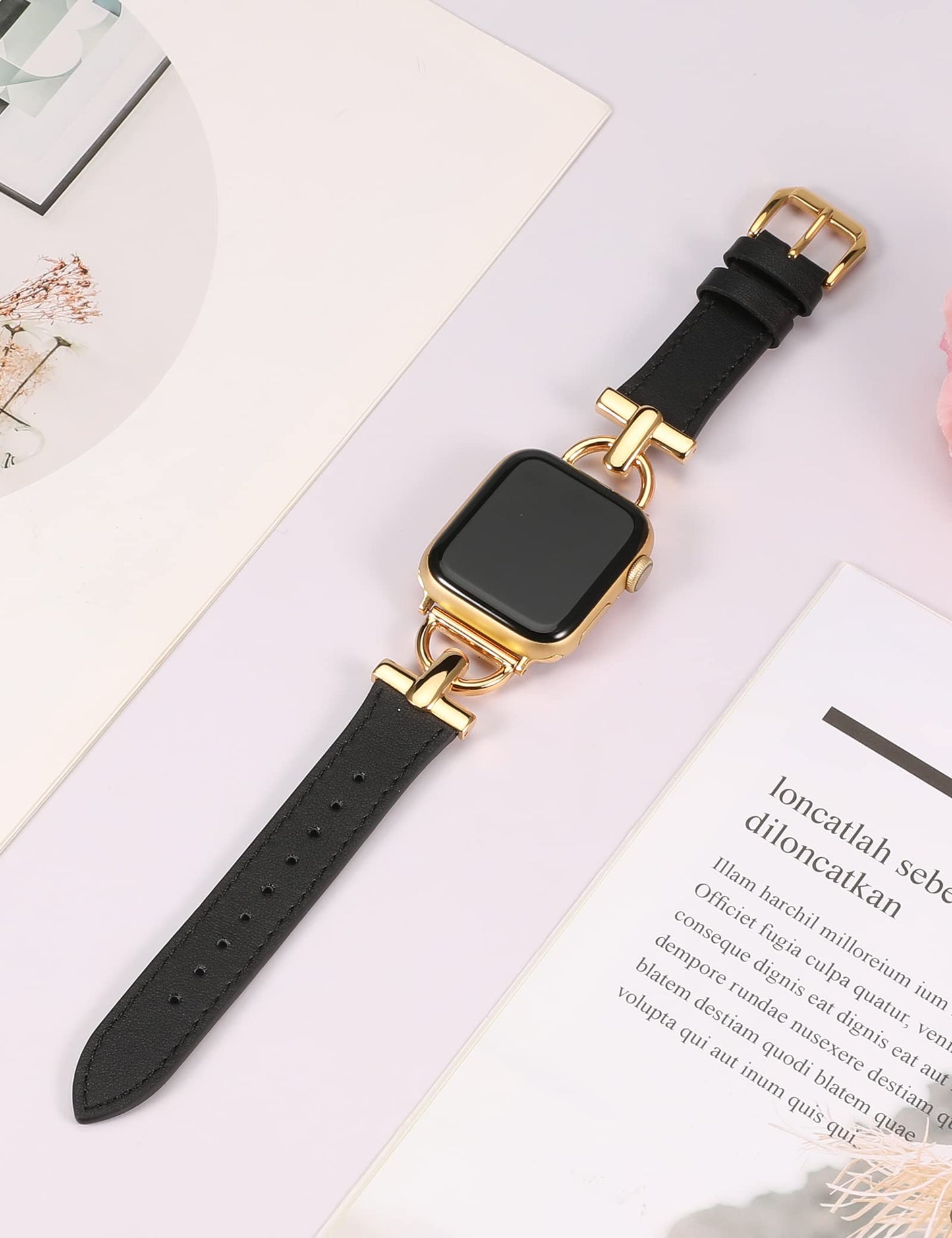 Wearlizer Leather Band Compatible with Apple Watch Bands Women 41mm 40mm 38mm 49mm 46mm 45mm 44mm 42mm, Fancy Dressy Strap for iWatch Series 11 10 9 8 7 6 5 4 3 SE/Ultra 3 2 1,Black/Gold