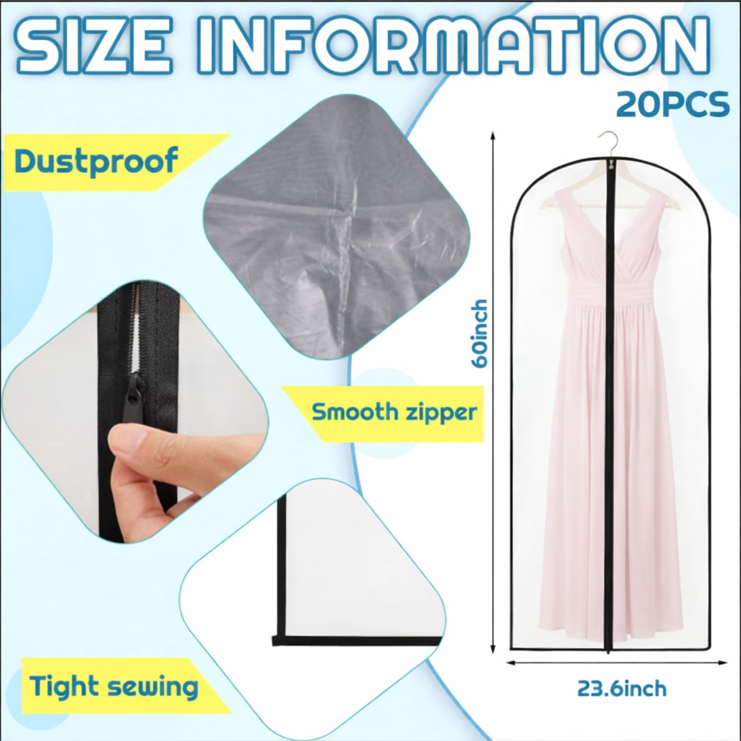 Amylove 20 Pcs 24 x 60 Inch Garment Bags Bulk Hanging Clothes Storage Covers for Closet Organization Dustproof Long Dress Bag Set for Wedding Dresses Gowns Coats Travel Suit