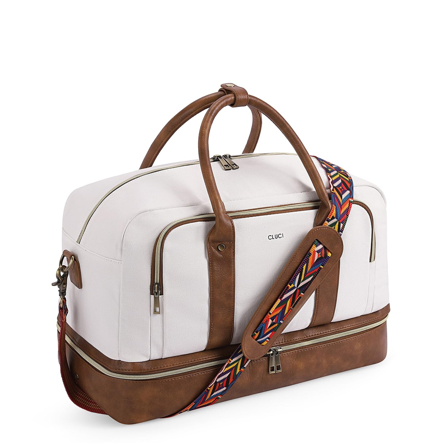 CLUCI Duffle Bag Weekender Bags for Women Canvas Anti Theft Travel Bag for Women Overnight Tote Carry On Bags with Shoe Compartment White with Brown