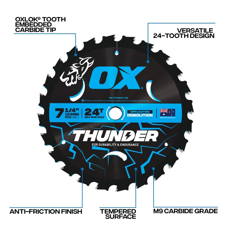 OX Pro Thunder 7-1/4 Inch Circular Saw Blade for Wood Cutting | Professional 24 Tooth Carbide Construction with 5/8 Bore - Saw Blades Compatible with Skill Saw & Table Saw Anti Friction Finish