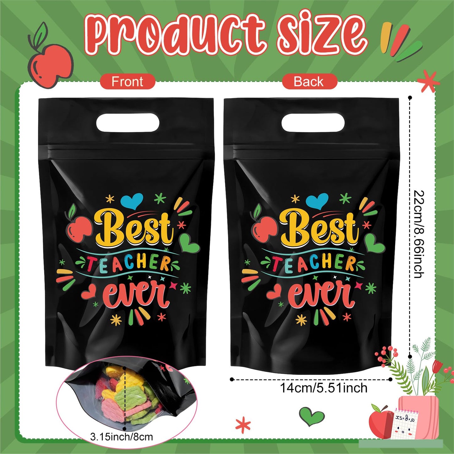 Engrowtic 50 Pcs Back to School Teacher Gift Bags Resealable First Day of School Teacher Treat Bag Bulk Thank You Goodie Pouches with Handles for Classroom Preschool Kindergarten Supplies