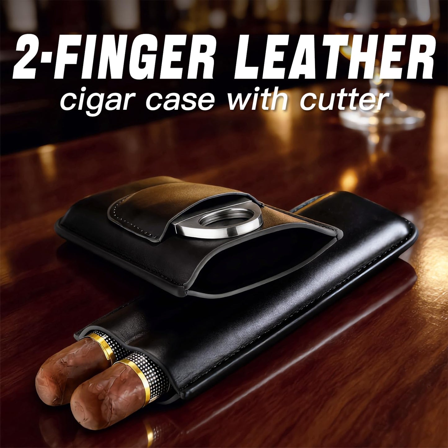 cgaplus 2-Finger Leather Cigar Case with Cutter Cedar Wood Lined Cigar Humidor Portable Travel Cigar Case(Black)