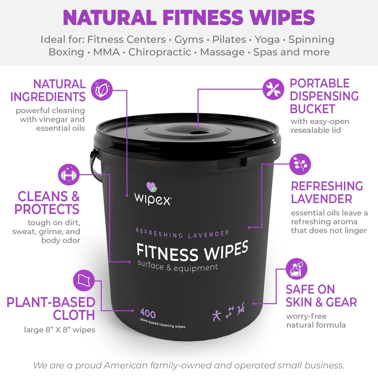 Wipex Yoga Mat Cleaner Wipes - Plant-Based Lemongrass, Eucalyptus & Vinegar Wipes for Gym & Fitness Equipment & All Purpose Gym Cleaning - Safe for Peloton Bikes & Treadmills - 400 Count