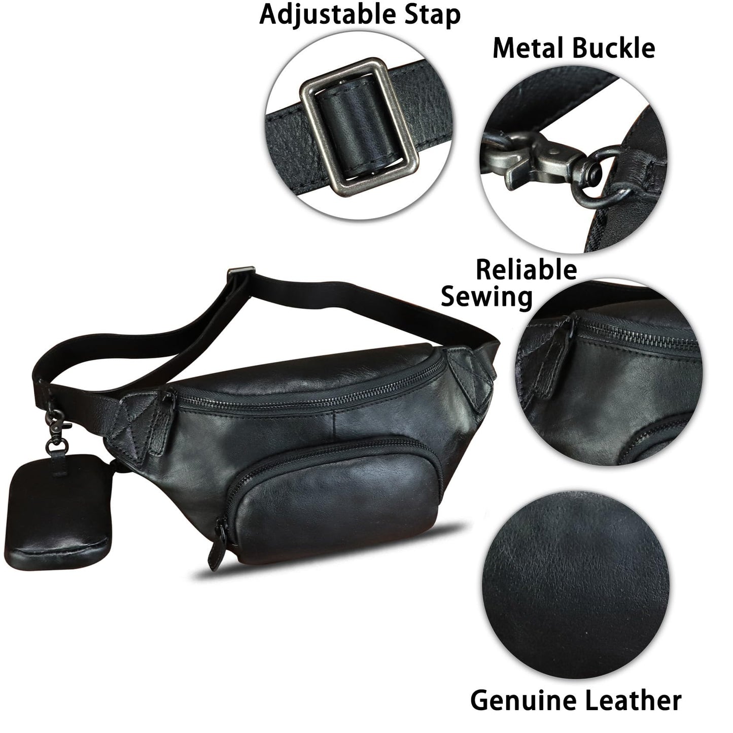 Genuine Leather Waist Bag Hip Bag Fanny Packs for Women and Men Real Leather Fanny Bag Sling Bag Crossbody Bags Chest Purses (Black)
