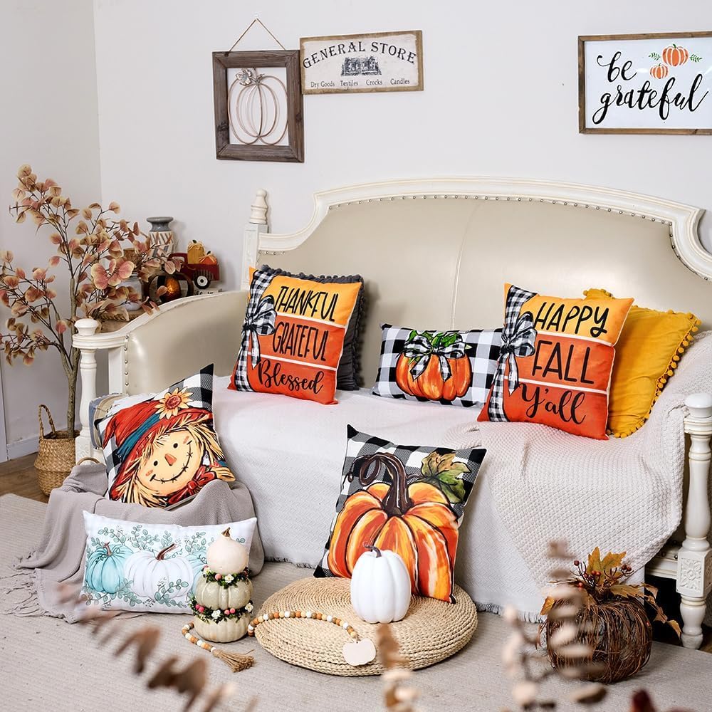 GEEORY Fall Buffalo Plaid Pumpkin Scarecrow Pillow Covers 18x18 Set 4