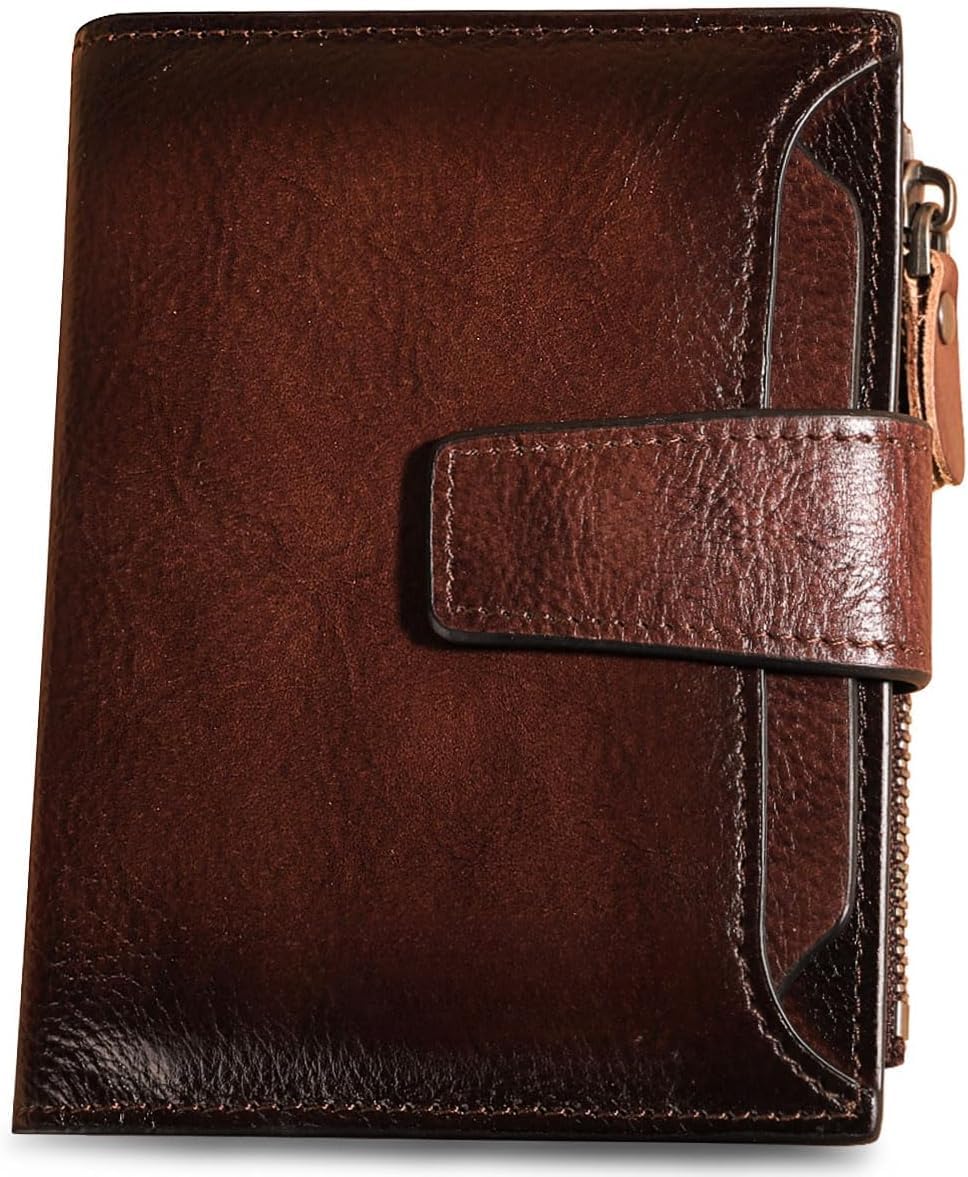 Men's Vintage RFID Blocking Bifold Wallet Genuine Leather with Zipper Coin Pocket Multi-Card Slots & ID Window (Coffee)