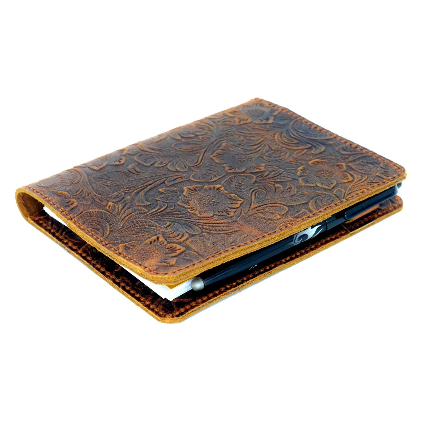 JJNUSA Leather Cover Compatible With Moleskine Classic XL 7.5" x 9.75" Hard Cover, Notebook Travel Journal Cover Distressed Cahier Refillable Writing Diary Flower Brown