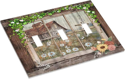 Farm Barn Farmhouse Rustic Country Flower 3 Gang Wall Plates Decorative Triple Toggle Light Switch Cover Electrical Switchplate Unused Decorate Faceplate for Bathroom Home
