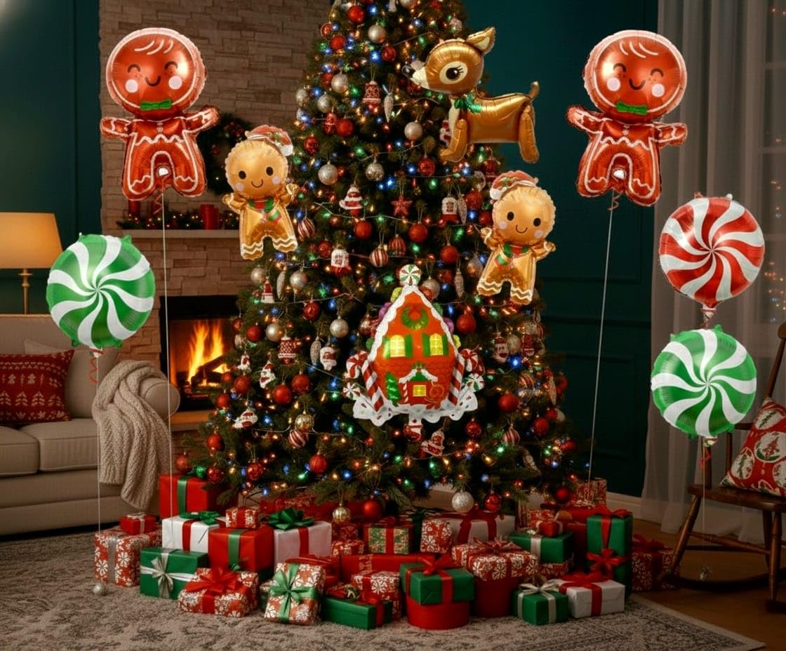 KatchOn, Merry Christmas Balloons Decorations - 32 Inch, Pack of 8 | Foil Balloon Christmas Decorations Indoor | Candy Cane Balloon, Gingerbread Balloons for Party Decorations | Holiday Decor