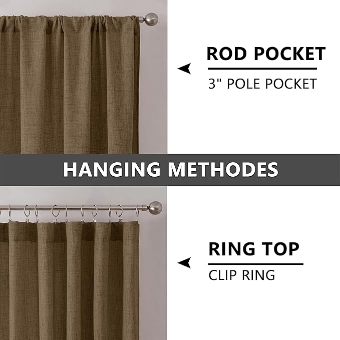 Tollpiz Linen Curtains Bedroom Rod Pocket Semi Sheer Curtain Burlap Light Filtering Thick Linen Drapes for Living Room, 54 x 84 inches Long, Brown, Set of 2 Panels