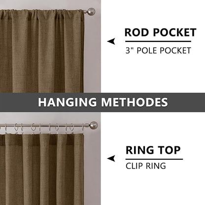 Tollpiz Linen Curtain Bedroom Rod Pocket Semi Sheer Curtains Burlap Light Filtering Thick Linen Drape for Living Room, 54 x 63 inches Long, Brown, Set of 2 Panels
