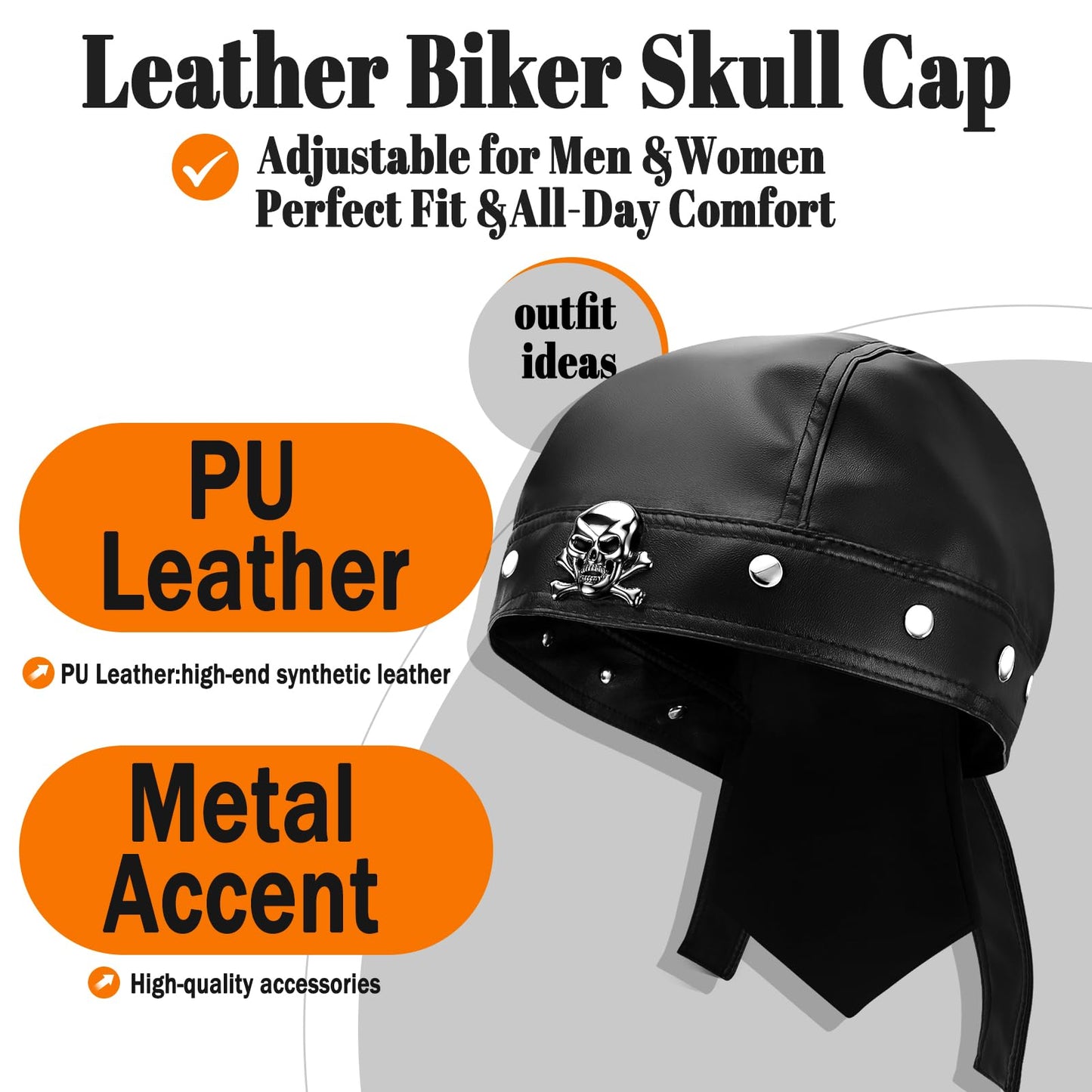 EYEOO Biker Cap Leather Head Wraps for Women Black Bandana Skull Cap Adjustable Motorcycle Biker Black Leather Bandana Motorcycle Accessories for Women Stylish Biker Head Wrap Doo Rag
