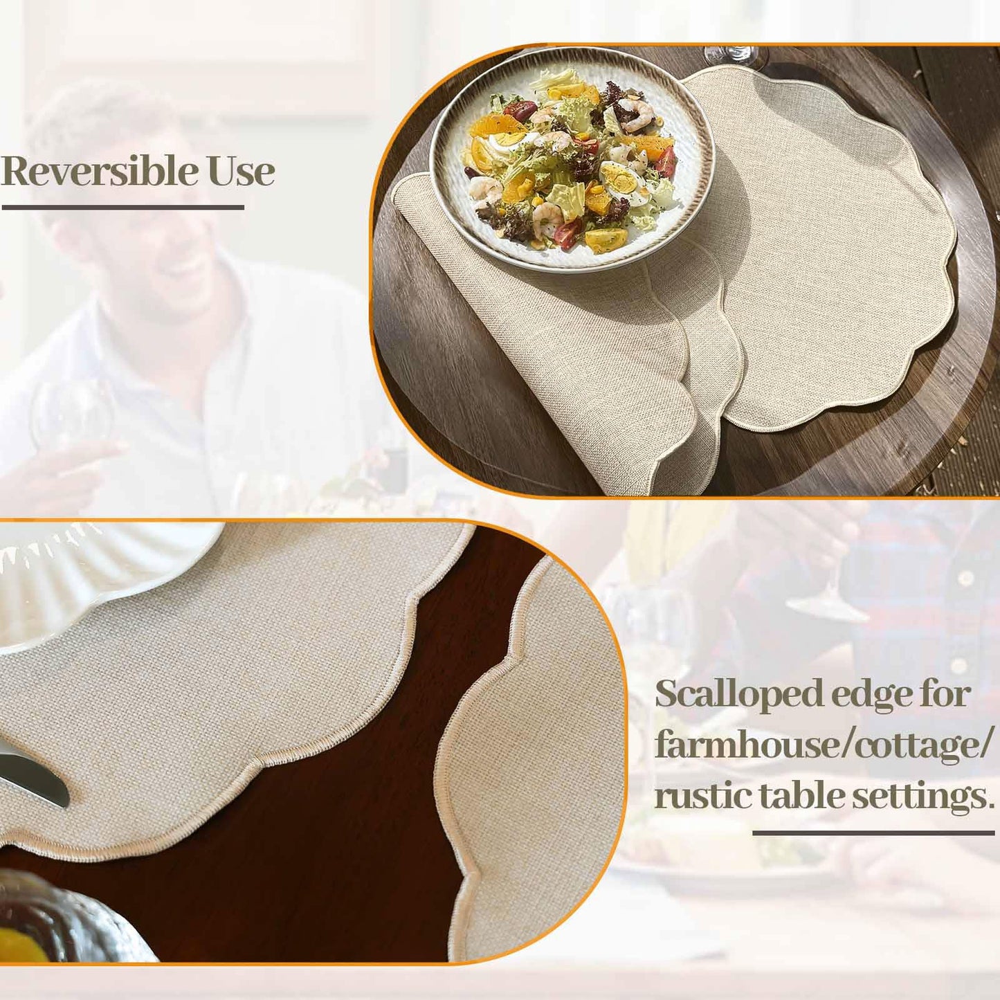 AHHFSMEI Round Faux Linen Placemats Set of 6 Waterproof Table Mats Heat Resistant Non-Slip and Stain Proof for Kitchen Dining Elegant Decor (Beige,6)