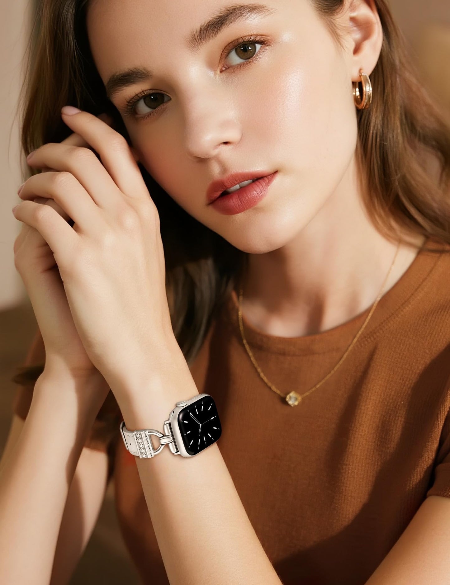 TOYOUTHS Compatible with Apple Watch Band Women Leather 42/41/40/38mm Dressy Thin Leather Strap with Designer D-Shaped Metal Buckle Bracelet for iWatch Series 11/10/9/8/7/6/5/4/3/2/1/SE, Starlight