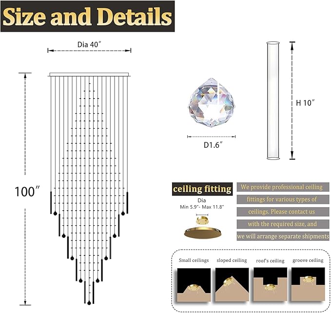 D40''X H100'' Extra Large Chandeliers for High Ceilings Crystal Raindrop Gold Chandeliers Large Villa Chandelier Entrance Foyer Square Ceiling Light LED Dimmable 2700K-6000K 16 led bulbs include