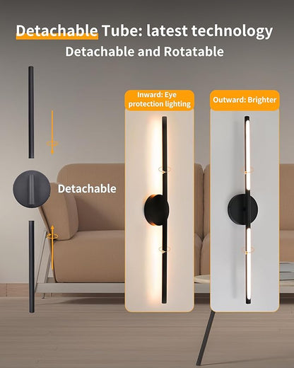 Wireless Wall Sconces Set of 2 Led，28Inch Battery Operated Wall Lights with Remote Control，360°Rotate Dimmable Wall Lamps for Living Room, Bedroom and Hallway (Black)