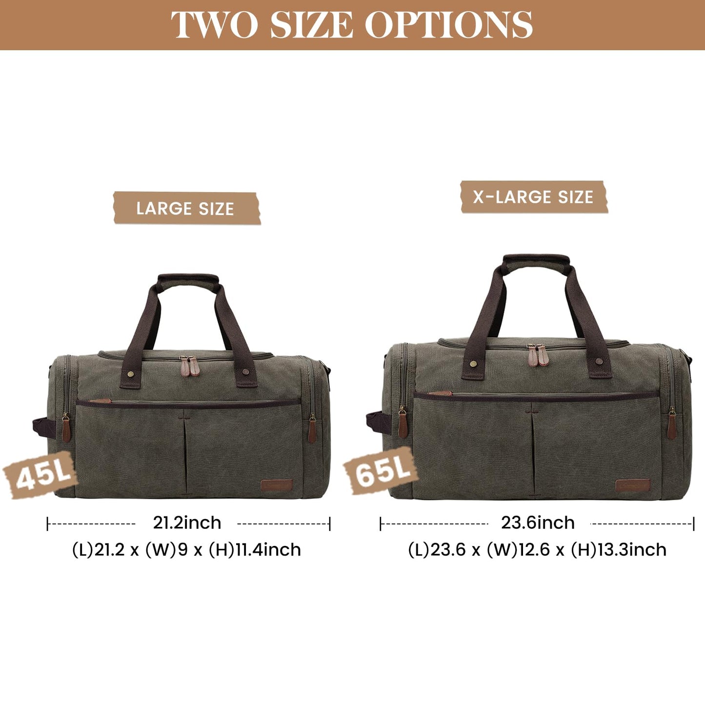 S-ZONE Large Canvas Travel Duffel Bag Weekend Overnight Bag with Shoes Compartment Holdall Gym Bag with Multi-Pockets for Men and Women, Army Green, X-Large