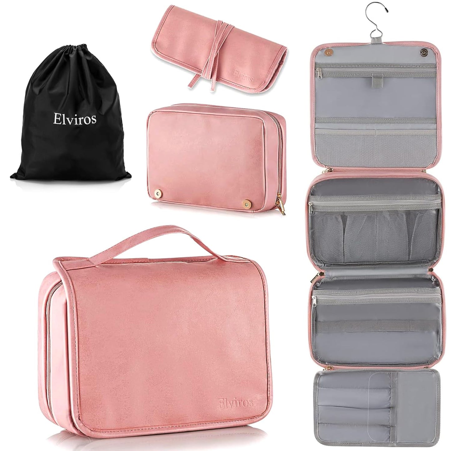 Elviros Hanging Travel Toiletry Bag for Women, 3-in-1 Large Makeup Bag and Cosmetic Organizer, Vegan Leather Waterproof Skincare Case for Travel Size Toiletries and Accessories, Gift for Women