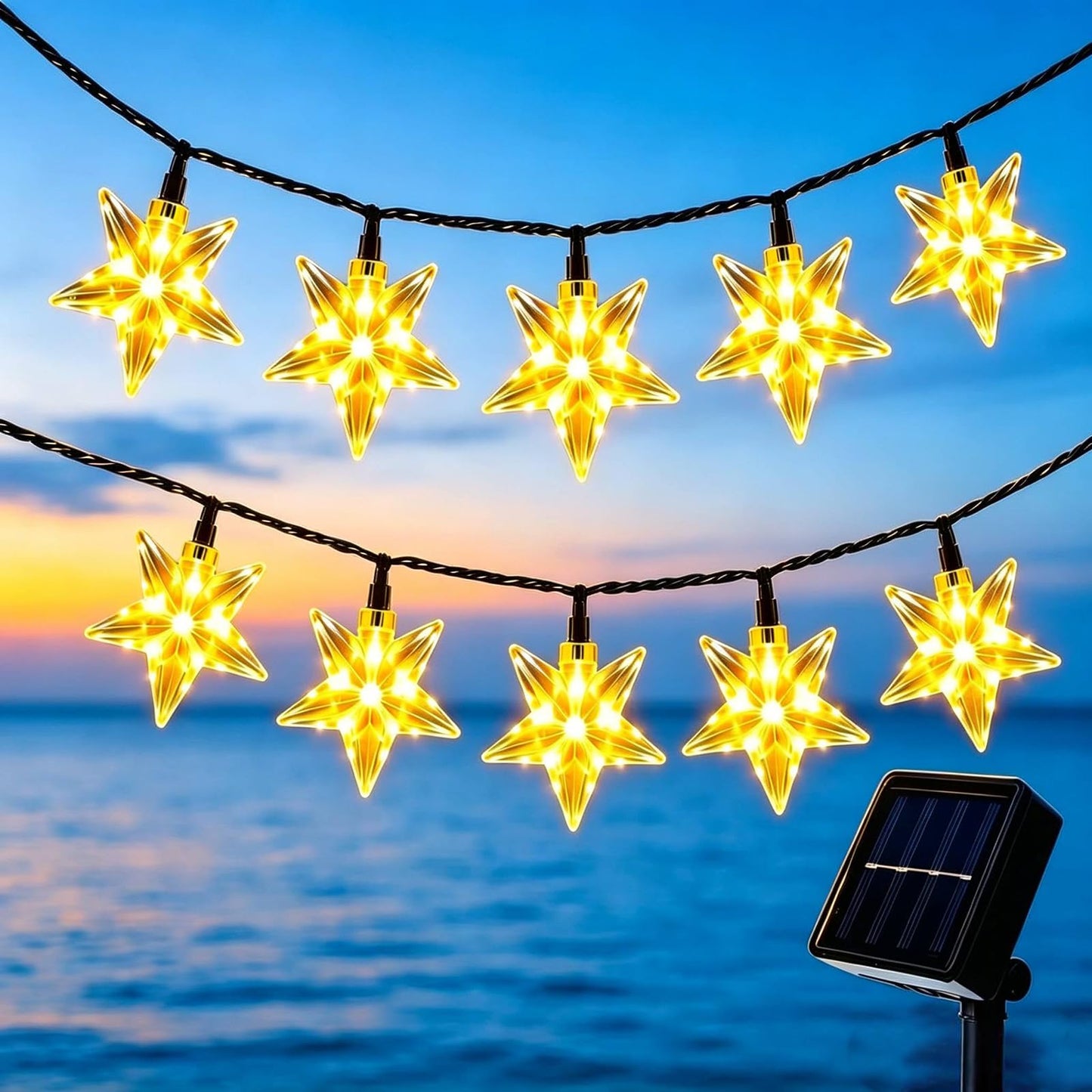 Solar Star Lights Outdoor - 50 LED Solar String Lights Outdoor Waterproof, 30.68ft Solar Powered Star String Lights, Warm White Twinkle Fairy Lights for Garden Fence Yard Decorations, 8 Modes