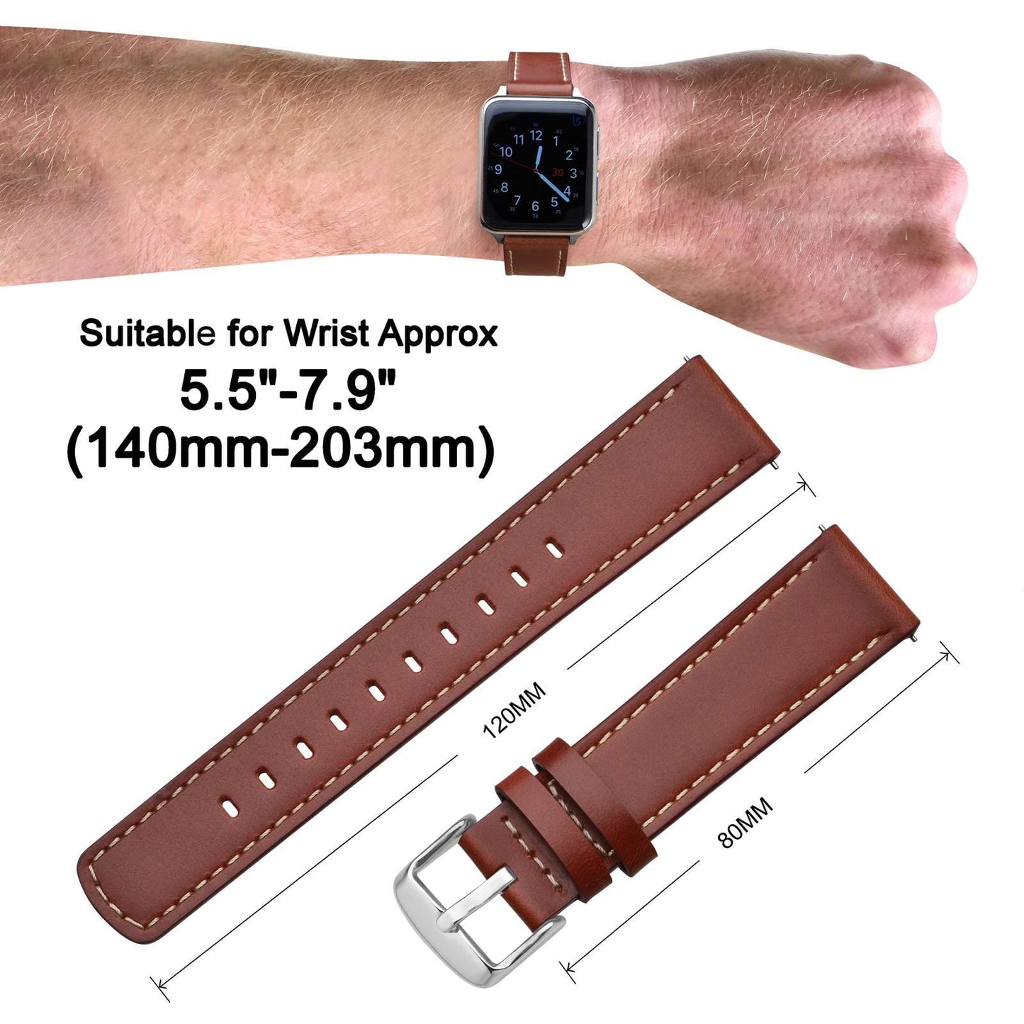 ANNEFIT 21mm Watch Band, Quick Release Genuine Leather Replacement Strap (Red Brown)