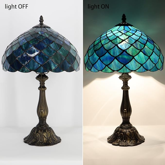 Tiffany Lamp Stained Glass Table Lamp Bedside Reading Light W12H19 Inches (Fishscale Style)