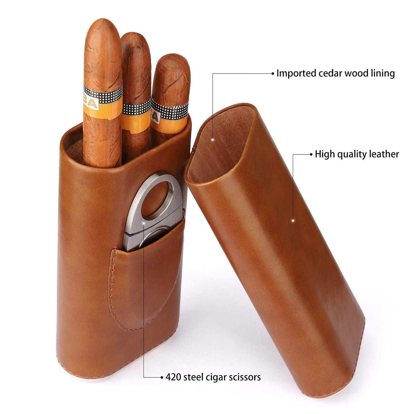 Time C club M Cigar Case Travel 3- Finger Elegant Leather Cigar Case with Cedar Wood Lined Cigar Cutter