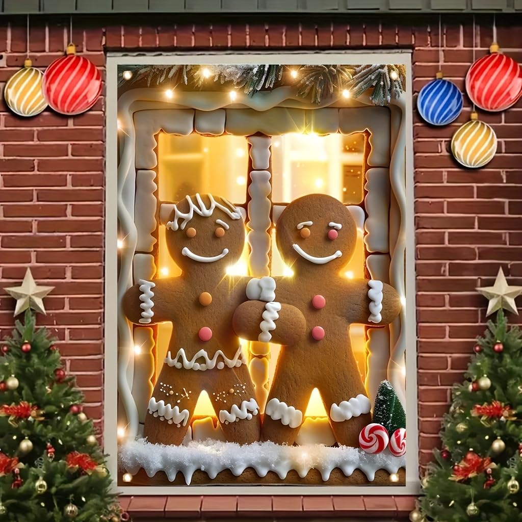 Tomhong Gingerbread Couple Christmas Window Banner 31x47 Inch Holiday Decoration Snowy Scene with Garland for Indoor Outdoor Home Wall or Window Display Cozy Christmas Decor