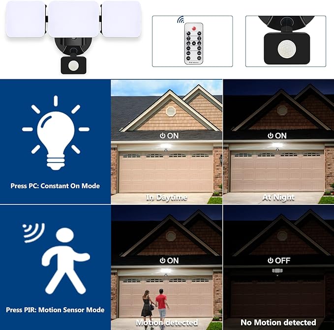 EMANER Outdoor Security Light Remote Control, Dusk to Dawn 280W Equiv. Motion Sensor Floodlight, Keep On or Motion Activated, Tunable White, 110V Dimmable Wall Light for Garage (Black, 1-Pack)