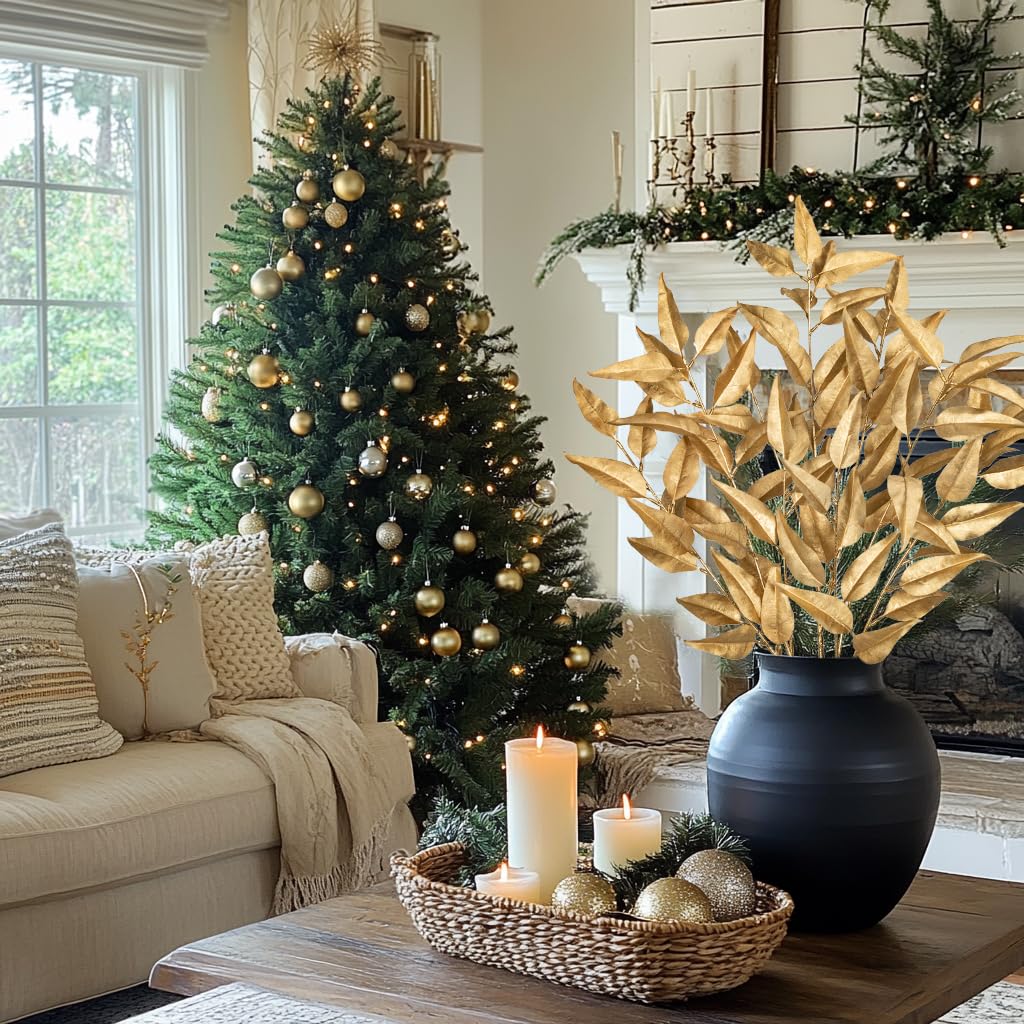 Hollyone 32” Christmas Tree Picks and Sprays 3Pcs Gold Artificial Eucalyptus Stems Eucalyptus Leaves Branches Fake Gold Leaf Floral for Vase DIY Xmas Tree Garland Wreath Centerpieces Wedding Decor