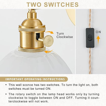 Plug in Wall Sconces Set of 2, Vintage Wall Sconce Light with Tulip Milk White Glass Lampshade, 180° Adjustable Wall Sconce with Switch and Plug in Wall lamp Cord, Gold Wall Light Wall Decor Set of 2