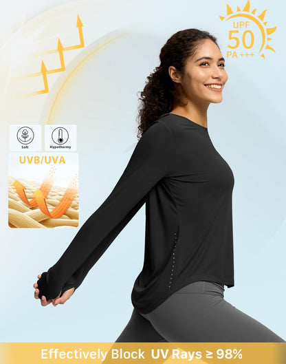 Soothfeel Women's Long Sleeve Workout Tops Running Hiking Athletic Shirts Active T-Shirts Wicking Quick Dry Soft Lightweight Black M