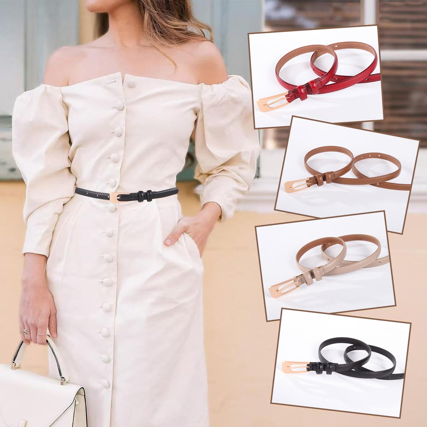 KONQUWA Women Leather Belt Casual Fashion ladies Skinny Belt for Jeans Coats Pant Dress Waist Belt with Gold Buckle(Black/Gold Buckle,26″-32″)