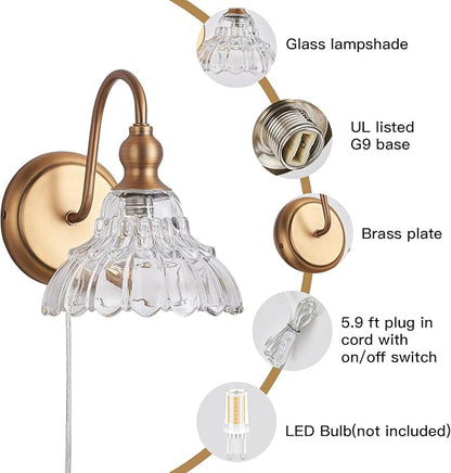 Modern Plug in Wall Sconces Brass Vintage Wall Light Fixtures Antique Vanity Lights for Fireplace Bathroom Bedroom Coffee Room