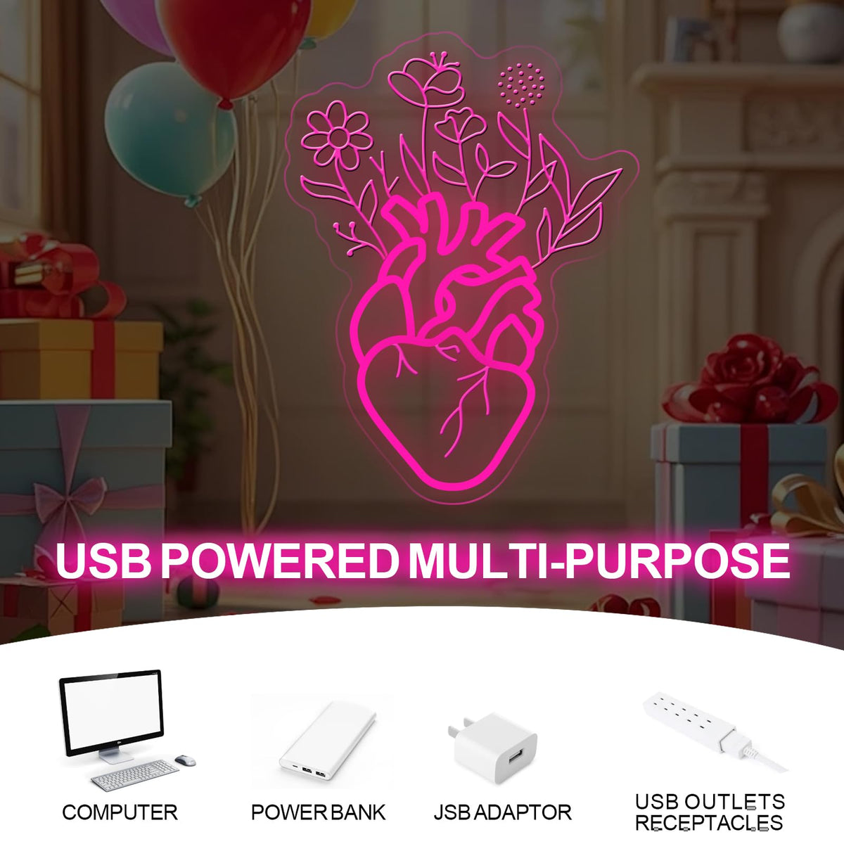 Blooming Human Heart Neon Sign for Wall Room Lights, Heart Flower Custom Led Sign, Wedding Wall Decor, Valentine's Day Wall Decor, Couple Room Light, Bar Home Lamp Party Dorm Living Room