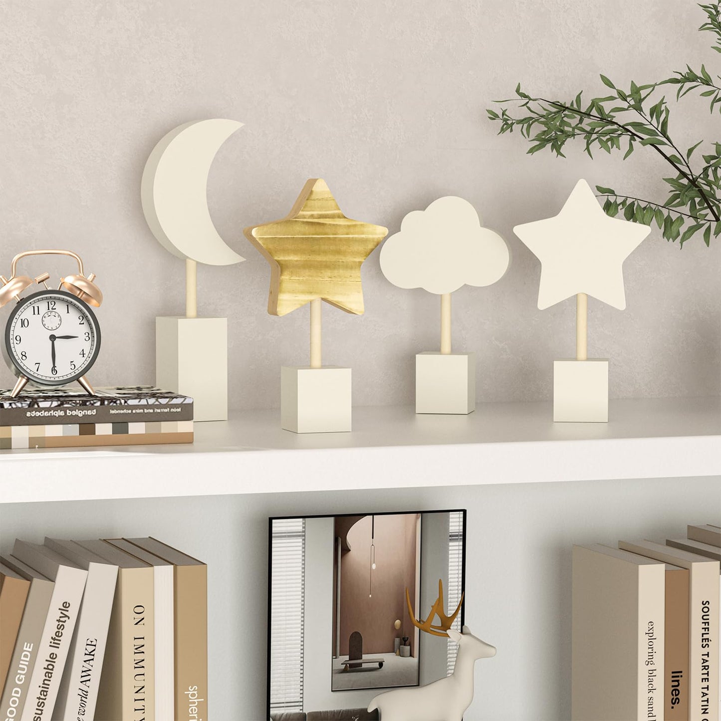 4 Pcs Wooden Moon and Stars Nursery Decor Boho Sky Cloud Nursery Shelf Decor Cute Children Baby Wall Decor for Nurseries Bedroom Kindergarten Classroom Playroom