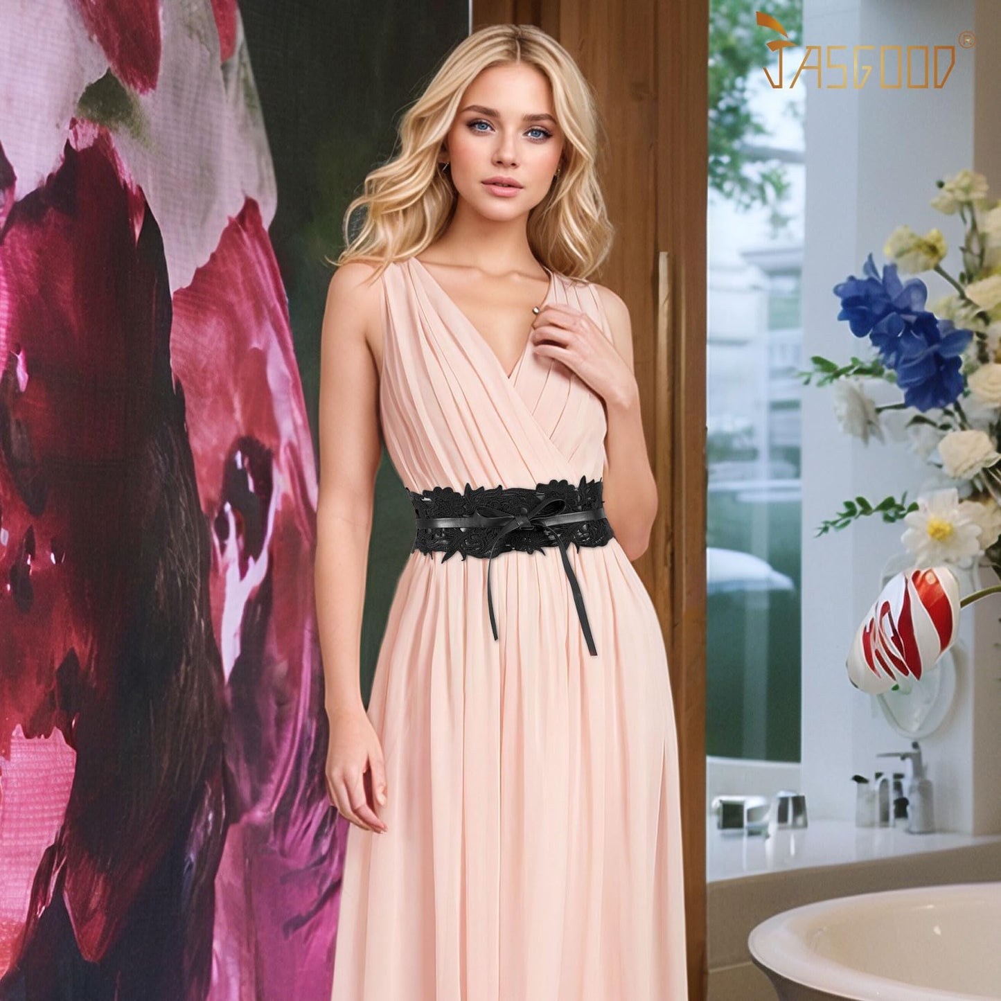 JASGOOD Women Lace Waist Belt Corset Waist Band Belt For Dress Obi Bowknot Cinch Wide Belt Bow Tie Wrap Boho Faux Leather,Black