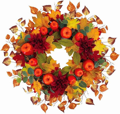 22 Inch Fall Wreath for Front Door, Thanksgiving Artificial Autumn Apple Wreath with Maple Leaves Dahlia Hydrangea for Farmhouse Home Window Wall Office Wedding Indoor Outdoor Decorations