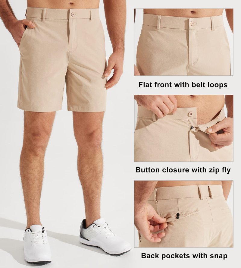 Libin Men's Golf Shorts 7" Work Dress Shorts Casual Flat Front Hybrid Short Lightweight Quick Dry Water Resistant, Khaki, Size 32