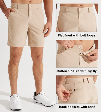 Libin Men's Golf Shorts 7" Work Dress Shorts Casual Flat Front Hybrid Short Lightweight Quick Dry Water Resistant, Khaki, Size 32