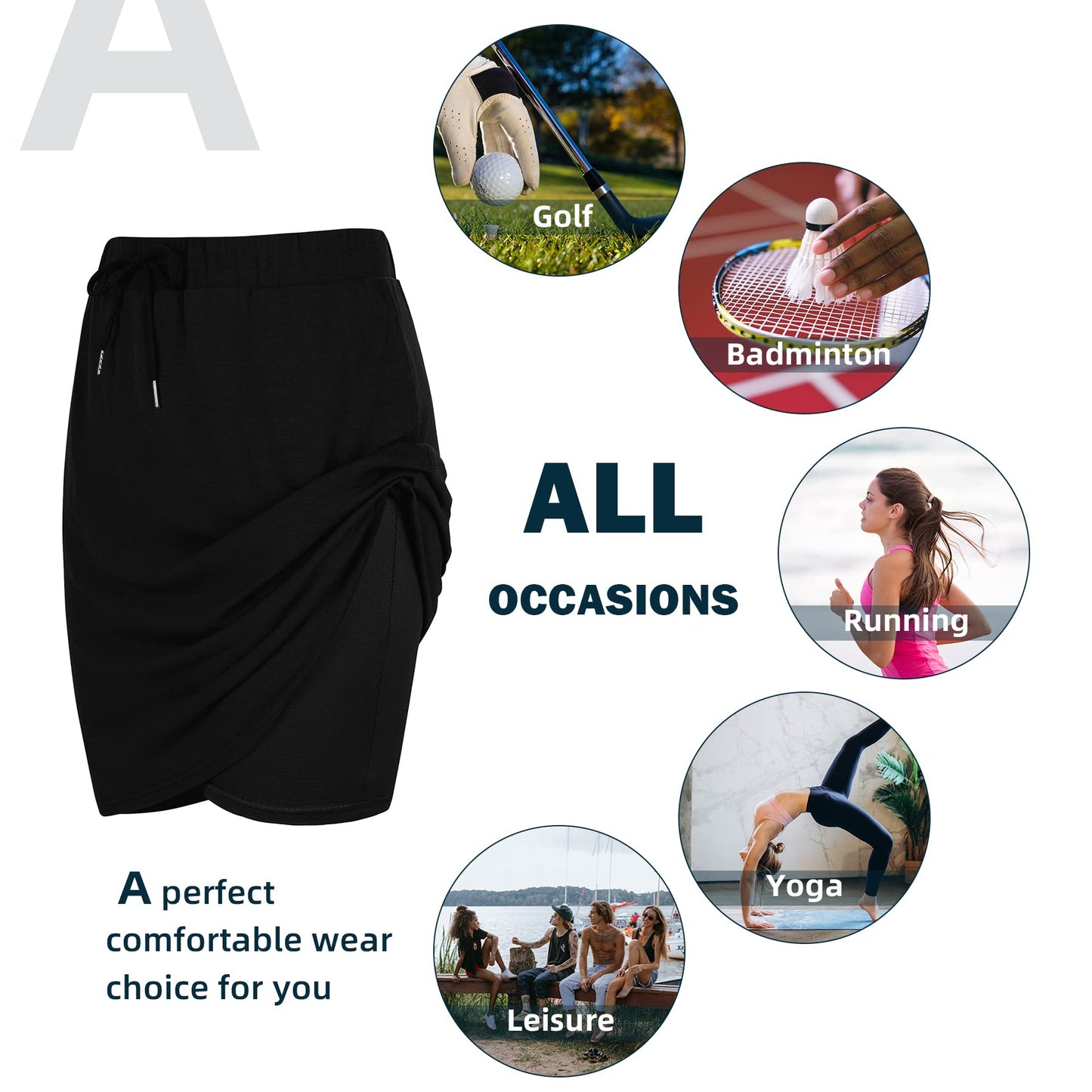 Zando Tennis Skirts for Women with Pockets Athletic Knee Length Golf Casual Skorts Shorts Sports Drawstring Waist Skirt Black X-Large