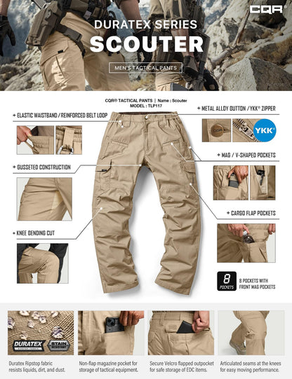 CQR Men's Tactical Pants, Water Resistant Ripstop Cargo Pants, Lightweight EDC Work Hiking Pants, Outdoor Apparel, Raider Khaki, 40W x 30L