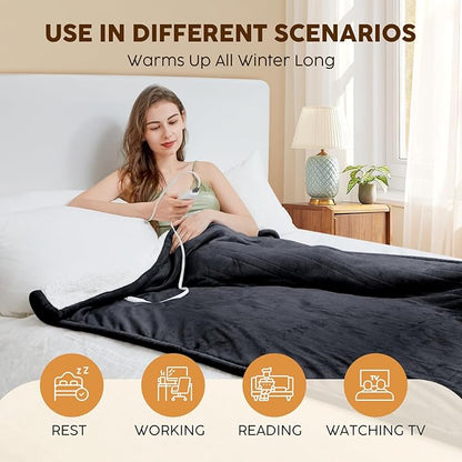 HYLEORY Heated Electric Blanket Full 72"x84" Soft Fleece & Flannel with 5 Heating Levels & 10 Hours Timer Auto Shutt Off, ETL Certified, Washable，Heated Blanket for Body-Dark Grey