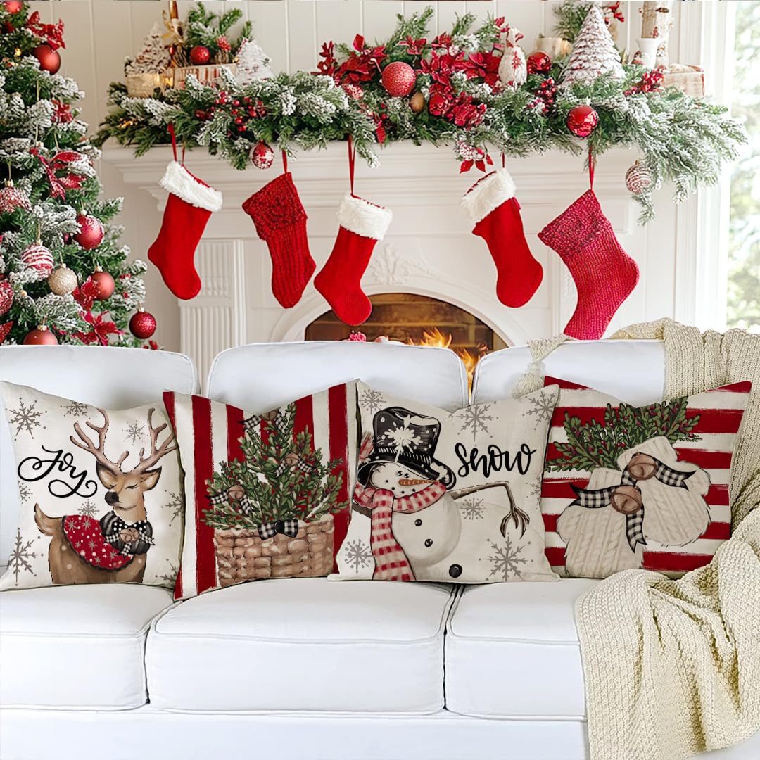 RABUSOFA Christmas Pillow Covers 18x18 Inch Set of 4 Indoor Outdoor Waterproof Snowman Reindeer Gloves Eucalyptus Winter Holiday Stripes Cushion Case Christmas Decoration for Couch Red