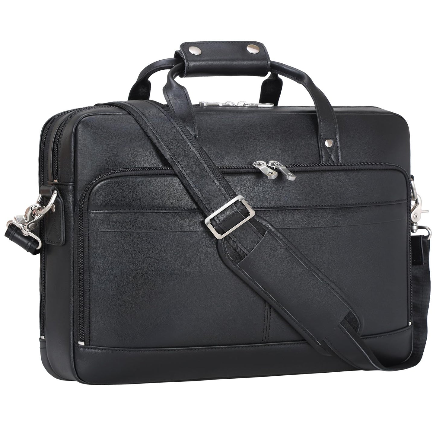 Masa Kawa Black Leather Briefcase for Men 15.6 Inch Laptop Crossbody Shoulder Messenger Professional Office Bag Attache Brief Case Handbag Gifts for Business Travel Work Lawyer, Medium