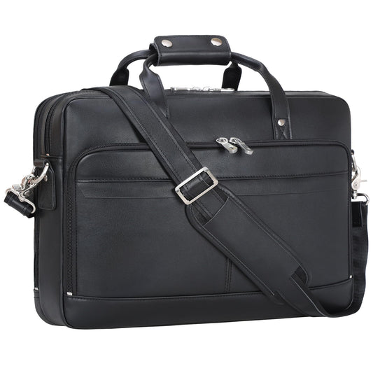 Masa Kawa Black Leather Briefcase for Men 15.6 Inch Laptop Crossbody Shoulder Messenger Professional Office Bag Attache Brief Case Handbag Gifts for Business Travel Work Lawyer, Medium