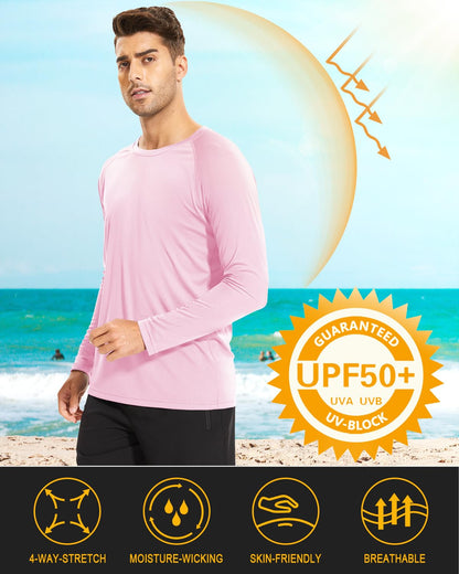 MAGCOMSEN Sun Shirts Men Long Sleeve Quick Dry Swim Fishing Summer Sun Protection UPF 50 UV Rash Guard Athletic Shirts Light Pink