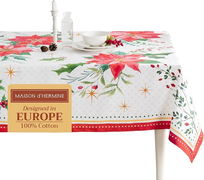 Maison d' Hermine Table Cloth Square Table 100% Cotton 54 x 54 Inches Fall Tablecloth Reusable Everyday Use for Thanksgiving Christmas Decorations Dining Farmhouse Party (Poinsettia Christmas)