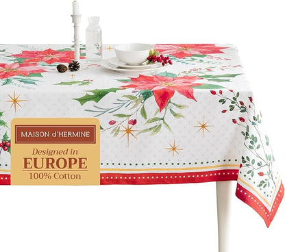 Maison d' Hermine Table Cloth Square Table 100% Cotton 60 x 60 Inches Fall Tablecloth Reusable Everyday Use for Thanksgiving Christmas Decorations Dining Farmhouse Party (Poinsettia Christmas)