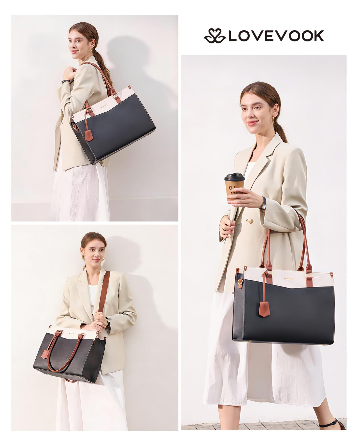 LOVEVOOK Laptop Bag for Women 15.6 Inch, Waterproof Leather Tote Purse with Cup Holder & Elegant Clutch, Multi Pocket Large Capacity Work Briefcase for Office Travel, Black-Beige-Brown