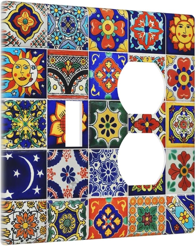 Decorative Light Switch Cover Plate Traditional Colorful Talavera Mexican Spanish Moroccan Tiles 2 Gang Outlet Covers 1 Toggle 1 Duplex Wall Plate Decorate Electrical Switch Plate Covers for Kitchen